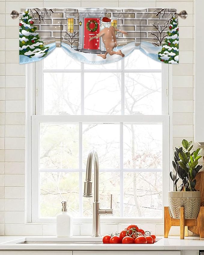 Christmas Farmhouse Blackout Tie Up Valance Curtains for Kitchen Windows Funny Santa Claus Window Toppers Balloon Shades for Living Room/Bathroom/Bedroom,1 Panel,60" X 18" Holly Xmas Tree