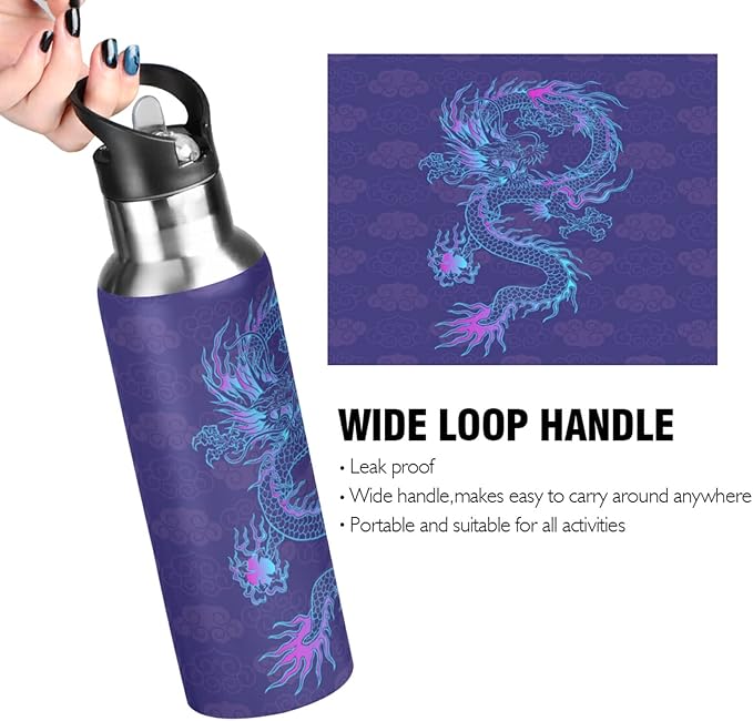 Blueangle 32oz Purple Chinese Dragon Water Bottle, BPA Free Stainless Steel Water Bottle Leak-Proof Sports Bottle for Camping Workouts Gym and Outdoor Activity