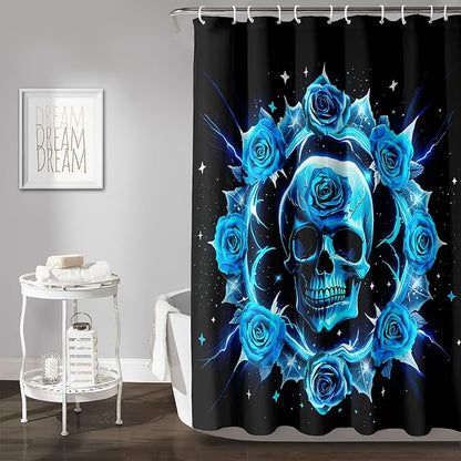 AILONEN Sugar Skull Shower Curtain for Bathroom,Blue Rose Flower Bath Curtain,Romantic Floral Skeleton Decor Bathroom Waterproof Curtain with 12 Plastic Hooks, 60" W*72" H