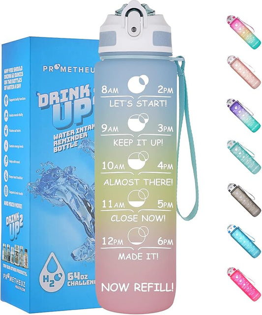 Prometheuz 32oz Water Bottle with Straw, Motivational Water Bottle with Time Marker, Leakproof & BPA-Free for Sports, Work and Fitness Baby Blue-Yellow-Pink