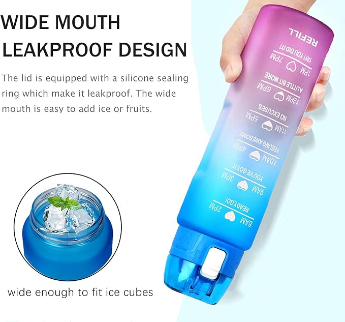 XACIOA Water Bottle with Straw,32oz Plastic Cup with Motivational Time Marker,1L Tritan Sport Lightweight Leakproof BPA-Free,Wide Mouth Fast Flow Ensure You Have Times to Drink,with Straw & Cup Brush