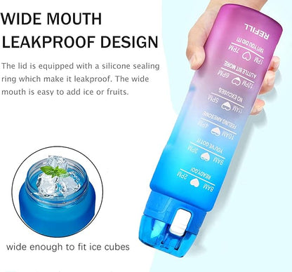 XACIOA Water Bottle with Straw,32oz Plastic Cup with Motivational Time Marker,1L Tritan Sport Lightweight Leakproof BPA-Free,Wide Mouth Fast Flow Ensure You Have Times to Drink,with Straw & Cup Brush