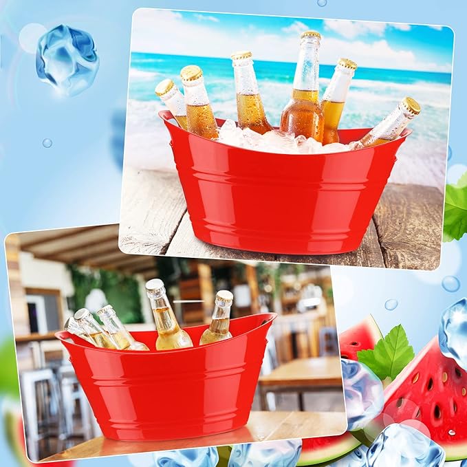6 Pieces Ice Buckets Bulk, Plastic Ice Buckets with Handles, Oval Storage Tub, Large Capacity Ice Drink Bucket for Party Bar Wine Beer Champagne Beverage Bottle Cooler (Red,4.5 Liter)