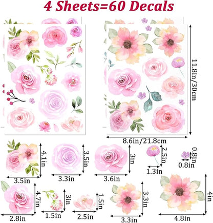 60pcs Pink Flower Wall Sticker Watercolor PVC Peel and Stick Wall Decals Cute Peony Floral and Leaves Pastel Flower Decor for Kids Bedroom Living Room Baby Nursery Kindergarten