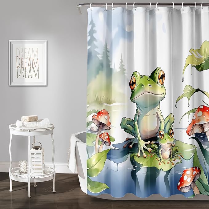 AILONEN Cartoon Frog Shower Curtain,Cute Green Frog Amphibious Animal Waterproof Fabric Bath Curtain for Kids Girls Boys,Red Mushroom Shower Curtain Set for Bathroom with Hooks,72" W*72" H