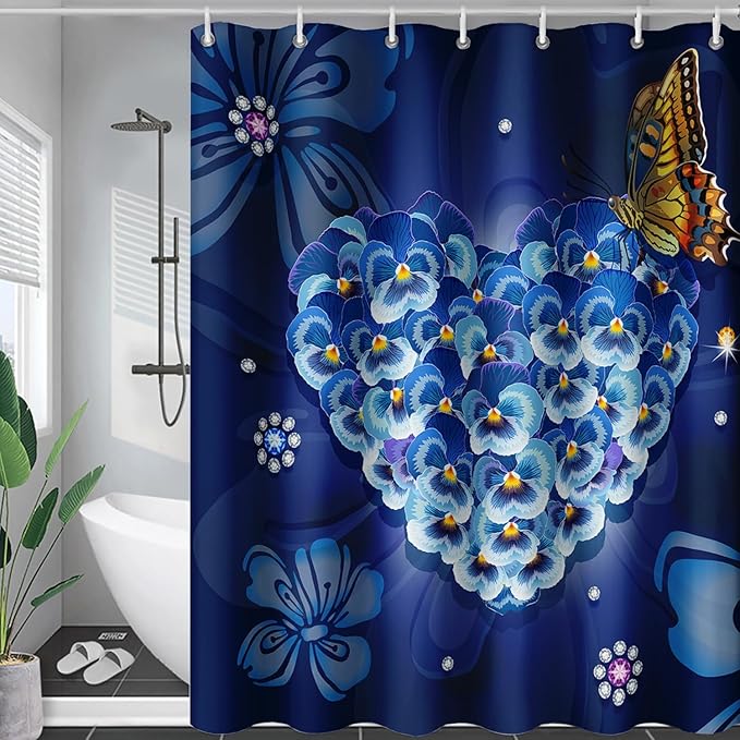 AILONEN Blue Floral Shower Curtain for Girls,Beautiful Butterfly Heart Flower Bath Curtain for Bathroom,Blue Print Polyester Waterproof with 12 Plastic Hooks,60" W*72" H Blue