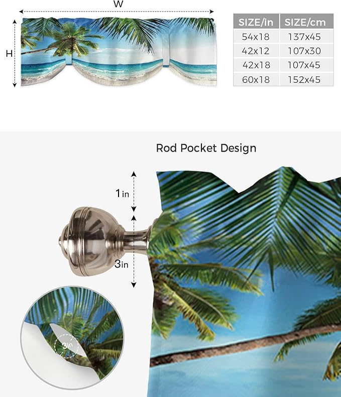 Palms Tree Ocean Blackout Tie Up Valance Curtains for Kitchen Windows Tropical Sea Window Toppers Balloon Shades for Living Room/Bathroom/Bedroom,1 Panel,60" X 18" Beach Theme