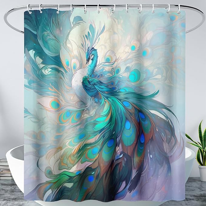 AILONEN Peacock Shower Curtain, Green Bird Shower Curtain for Bathroom Decor,Beautiful Bird Peacock Bath Curtain for Girls Women Fresh Nature Waterproof Curtains Sets 36" W*72" H