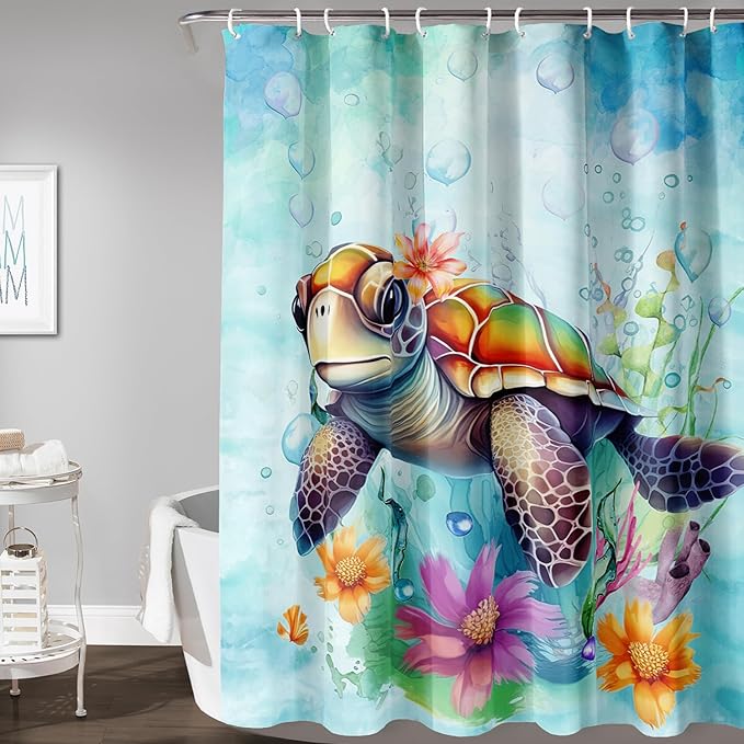 AILONEN Cute Sea Turtle Shower Curtain,Boys Kids Ocean Turtle Bath Curtain with 12 Plastic Hooks,Watercolor Sea Turtle Decorative Waterproof Curtain 48" W*72" H