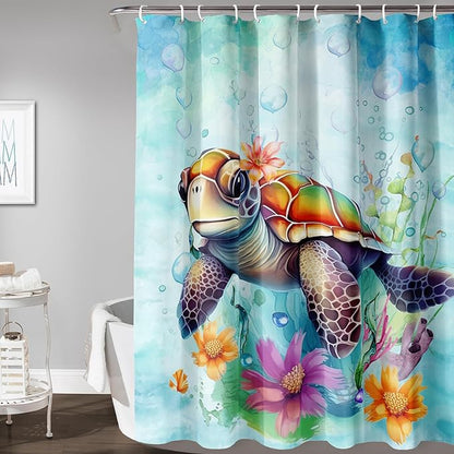AILONEN Cute Sea Turtle Shower Curtain,Boys Kids Ocean Turtle Bath Curtain with 12 Plastic Hooks,Watercolor Sea Turtle Decorative Waterproof Curtain 48" W*72" H