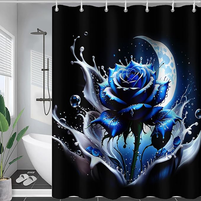 AILONEN 3D Rose Shower Curtain for Bathroom, Evening Moon Blue Rose Bath Curtain for Girls Women, Modern Floral Print Minimalism Shower Curtain Waterproof with 12 Plastic Hooks 48" W*72" H