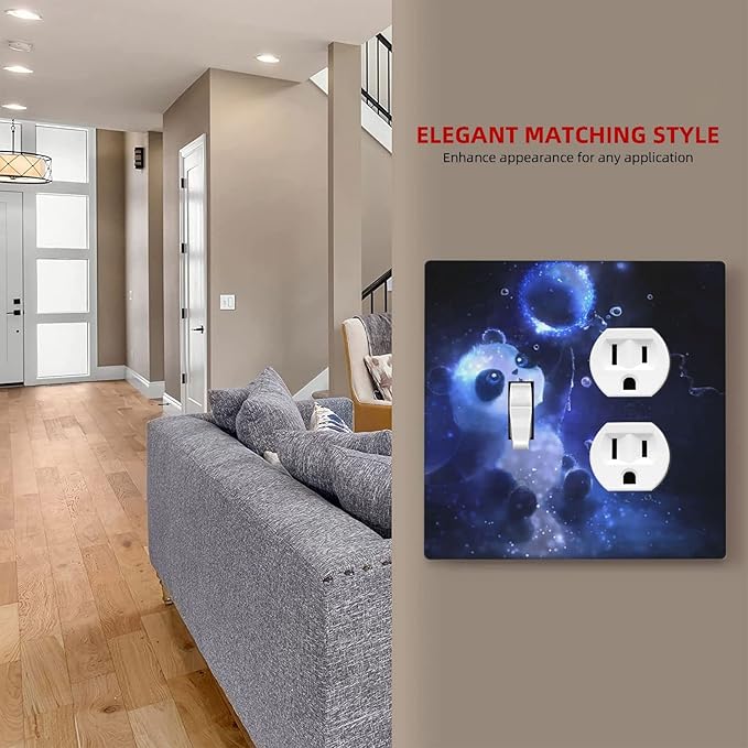 Cute Baby Panda Light Switch Cover Wall Plate Decorative 2 Gang Combination Toggle/Outle Covers Blue for Kitchens Farmhouses Duplex Electrical Receptacle Covers 4.5 x 4.6 in