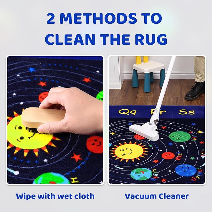 Kids Rug 4x4 Round Rug Solar System Pattern Nursery Rug Baby Soft Area Rug Non Shedding Carpet for Babyroom Play Room Non Slip Educational Rug Galaxy Outer Space Playmat, Blue Round 4'x4'