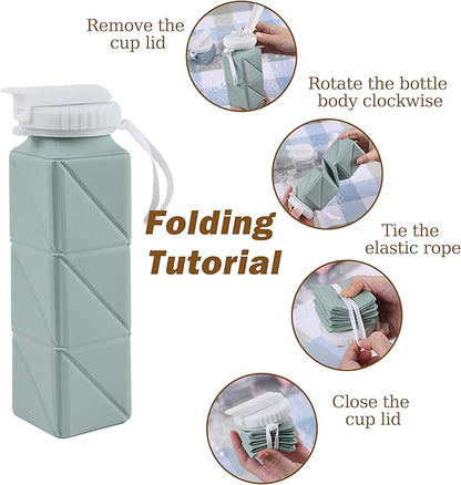 EOBTAIN Blue Collapsible Water Bottle with Straw 20oz Soft Foldable Water Bottles BPA Free and Food Grade Silicone Water Cup for Travel,Hiking,Gym.Portable Leak Proof and Reusable Sports Bottle.