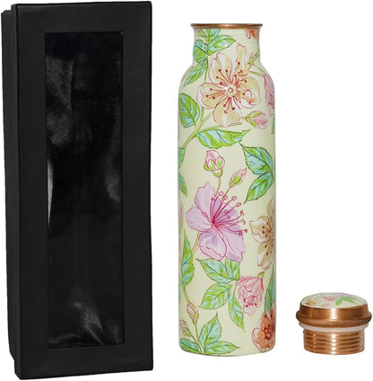 Copper Ayurveda Copper Water Bottle for Drinking – Travel Water Bottle for Gym, Yoga, Office, Hiking, Outdoor – with Lid (Yellw Pink floral) (Yellow pink floral)