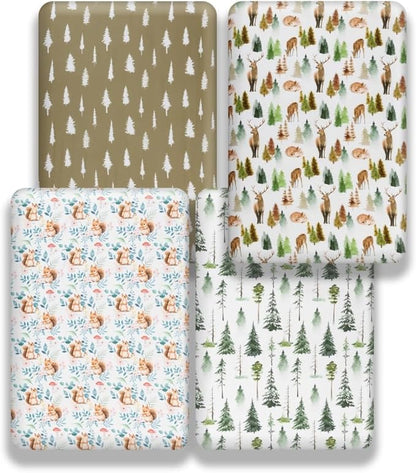 4 Pack Woodland Forest Animals Wood Neutral Unisex Fitted Baby Crib Sheets Set for Baby Boys or Girls (Cartoon Fox, 52 * 28)
