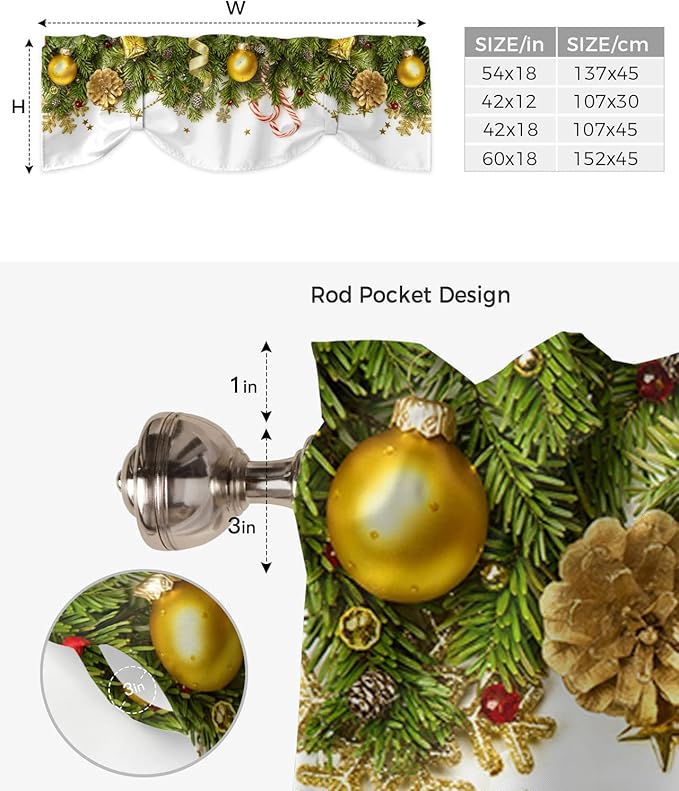 Christmas Blackout Tie Up Valance Curtains for Kitchen Windows Pine Cones Window Toppers Balloon Shades for Living Room/Bathroom/Bedroom,1 Panel,42" X 12" Golden Ornament Balls