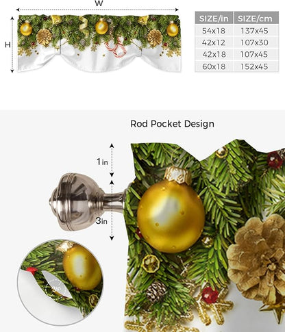 Christmas Blackout Tie Up Valance Curtains for Kitchen Windows Pine Cones Window Toppers Balloon Shades for Living Room/Bathroom/Bedroom,1 Panel,42" X 12" Golden Ornament Balls