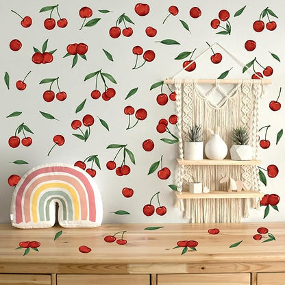 Red Cherry Wall Decals Cherries Fruit Wall Stickers Peel and Stick Kitchen Wall Stickers Removable Boho Green Leaves Wall Decals Watercolor Fruit Leaf Stickers for Nursery Bedroom Decor