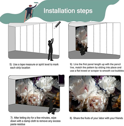 White Peony Flower and Black Background Wallpaper for Bedroom Wall Decor (Not Peel and Stick)