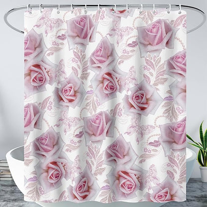 AILONEN Girls Rose Shower Curtain 48" W*72" H, Pink Rose Shower Curtain with 12 Hooks,Waterproof Floral Shower Curtain for Bathroom,Romantic Flower Pink Shower Curtain