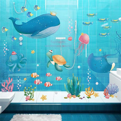 Colorful Ocean Life Wall Sticker Sea Creatures Wall Stickers Under The Sea Fish Jellyfish Removable Wall Decor Peel and Stick Underwater Sea Decor for Kid Baby Bathroom Bedroom Living Room (Style2)