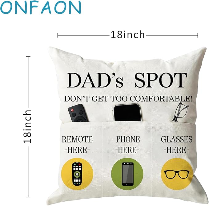 Father's Day Throw Pillow Case, Dad's Spot Throw Pillow Covers 18 x 18 Inch，Dad Gifts from Daughter Son，Birthday Christmas Thanksgiving Day Gifts for Papa Stepdad ，3-Pocket