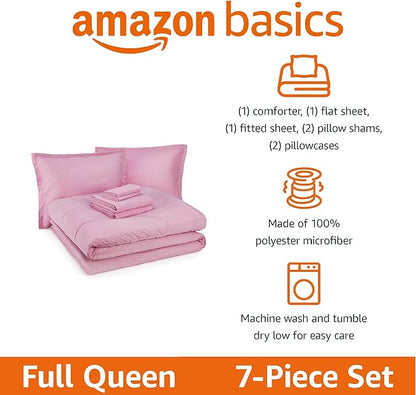 Amazon Basics 7 Piece Microfiber Kid's Bed-in-a-Bag Bedding Set, Full/Queen, Pink, Solid