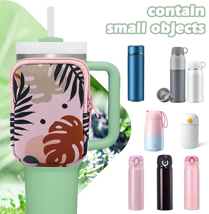 Water Bottle Pouch Cup Accessories for Women Quencher Adventure IceFlow 20oz 30oz 40oz Tumbler Pouch with Handle Running Pouch Bag for Cards Keys(Khaki Leaf)