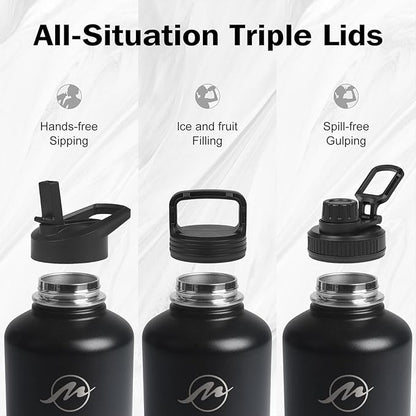 Insulated Water Bottle 64 oz with Straw Lid (3 Lids), Half Gallon Jug Flask, Large Metal Stainless Steel Bottle, 64 oz Double Wall Vacuum Sports Thermo Mug, Cold 48H Hot 24H (Black Grey)