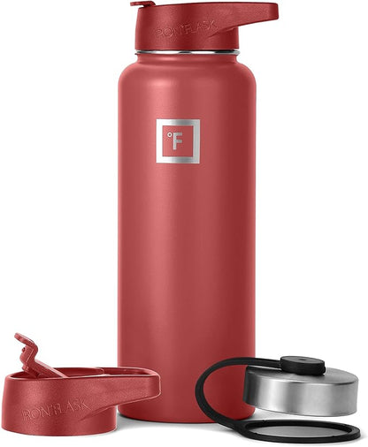 IRON °FLASK Sports Water Bottle - 40 Oz 3 Lids (Straw Lid), Leak Proof - Stainless Steel Gym & Sport Bottles for Men, Women & Kids - Double Walled, Insulated Thermos, Metal Canteen, Rusty Red