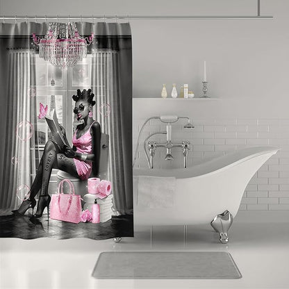 African American Shower Curtain Fashion Black Girl Shower Curtains for Bathroom Decor Grey Pink Waterproof Polyester Fabric Afro Black Women Bathroom Curtain with Hooks 66x72 Inch