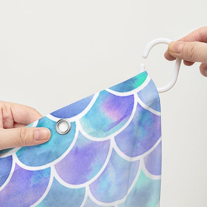 AILONEN Mermaid Shower Curtain,Watercolor Whale and Mermaid Bath Curtain,Beautiful Mermaid Princess Shower Curtain Ocean Fish Scale Print Curtain Waterproof with 12 Plastic Hooks, 72" W*96" H