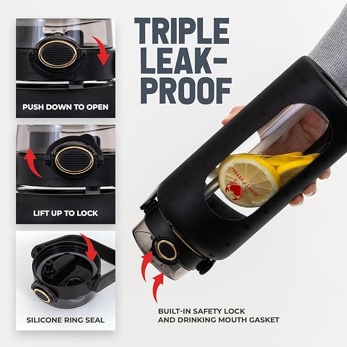 Leakproof Glass Water Bottles 64 oz - Borosilicate Large Glass Water Bottle with Straw & Time Markers - Half Gallon Water Bottle Glass, Wide Mouth Glass Gallon Water Bottle 2 Litres