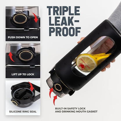 Leakproof Glass Water Bottles 64 oz - Borosilicate Large Glass Water Bottle with Straw & Time Markers - Half Gallon Water Bottle Glass, Wide Mouth Glass Gallon Water Bottle 2 Litres