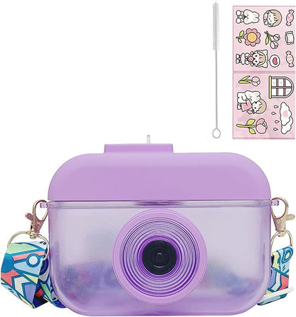 Camera Bottle Travel Cup with Straw Birthday Party Gift Ice Drinking Water Bottle Mug with Strap Picnic (camera purple, 400 ml)