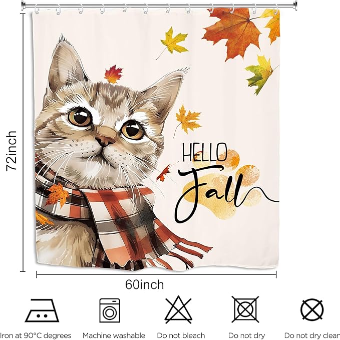 Autumn Funny Shower Curtain 60Wx72L Inch Cute Cat Hello Fall Maple Harvest Pet Seasonal Lovely Thanksgiving Bathroom Set Accessories Decor with 12 Pack Hooks