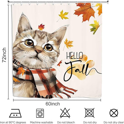 Autumn Funny Shower Curtain 60Wx72L Inch Cute Cat Hello Fall Maple Harvest Pet Seasonal Lovely Thanksgiving Bathroom Set Accessories Decor with 12 Pack Hooks
