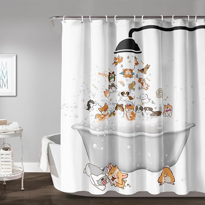 AILONEN Cute Corgi Shower Curtain for Kids 48" W*72" H Inch,Cartoon Dog Funny Animals Nursery Lovely Hilarious,12 Pack Hooks Polyester Waterproof Fabric Decor for Bathroom Bathtub Panels