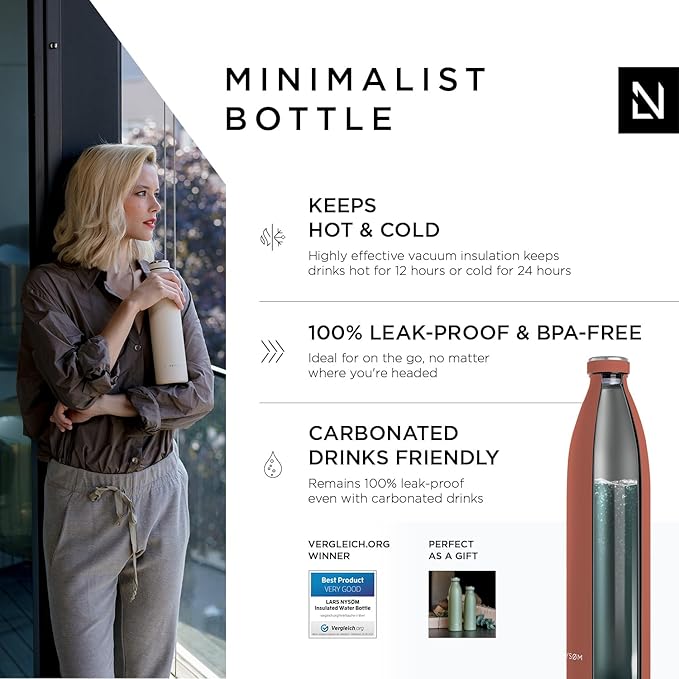 LARS NYSØM Stainless Steel Insulated XL Water Bottle 12oz 17oz 25oz 34oz 51oz | BPA-free Insulated Thermo Flask for Hot and Cold Beverages | Leakproof Large Drinking Bottle (Brick Red, 51oz)