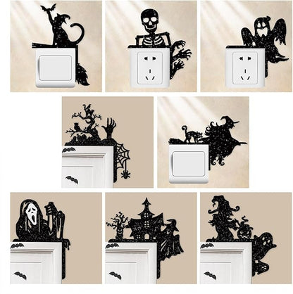 Removable 8 Pack Creative Halloween Switch Decals Black Ghost Skeleton Witch Door Frame Wall Decals Decorative Art Murals for Halloween Living Room Bedroom Bathroom Kitchen Light Switch Decor Decals