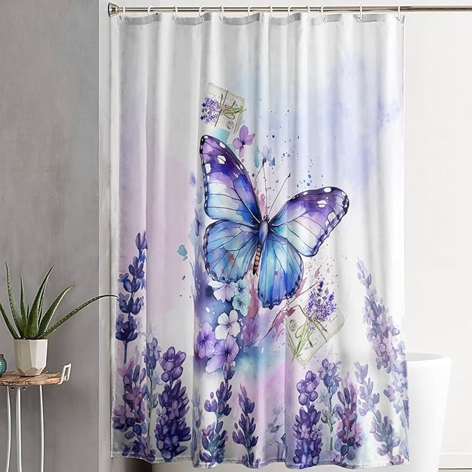 AILONEN Beautiful Butterfly Shower Curtain Bathroom 72" W*72" H Purple Butterfly Curtain Cloth Fabric Bathroom for Girls Kids,Deep Color Shower Curtain Set