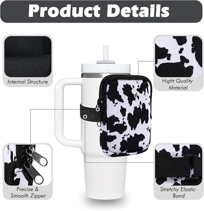 Water Bottle Pouch Cup Accessories for Women Quencher Adventure IceFlow 20oz 30oz 40oz Tumbler Pouch with Handle Running Pouch Bag for Cards Keys(Cow)