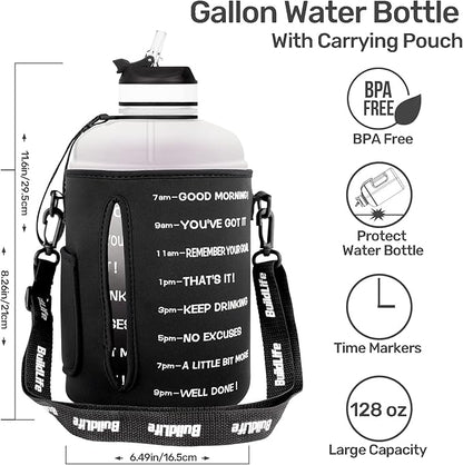 QuiFit Motivational Gallon Water Bottle - with Straw & Time Marker BPA Free Large Reusable Sport Water Jug with Handle for Fitness Outdoor Enthusiasts Leak-Proof