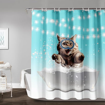 AILONEN 3D Bathtub Cat Shower Curtain for Kids 60" W*72" H Inch,Kawaii Diving Cat Leaps Out of Bathtub Shower Curtain,12 Pack Hooks Polyester Waterproof Fabric Decor for Bathroom Bathtub Panels