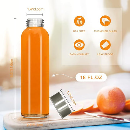 12 Pack 18oz Clear Glass Water Bottles, Juice Bottle with Stainless Steel Lid, Reusable Refillable Bottles for Storing Beverages Juice