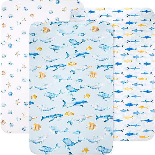 3 Pack Mini Crib Sheets, Premium Pack N Play Sheets for Boys Girls Neutral, Soft Breathable Baby Sheets Fit Pack N Play, Playard and Mini Crib Mattresses, Whale