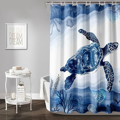 AILONEN Blue Sea Turtle Shower Curtain Set for Bathroom,Cartoon Turtle and Water Plant Bath Curtain,Kawaii Ocean Animal Theme Waterproof Fabric Shower Curtain with Hooks,72" W*96" H