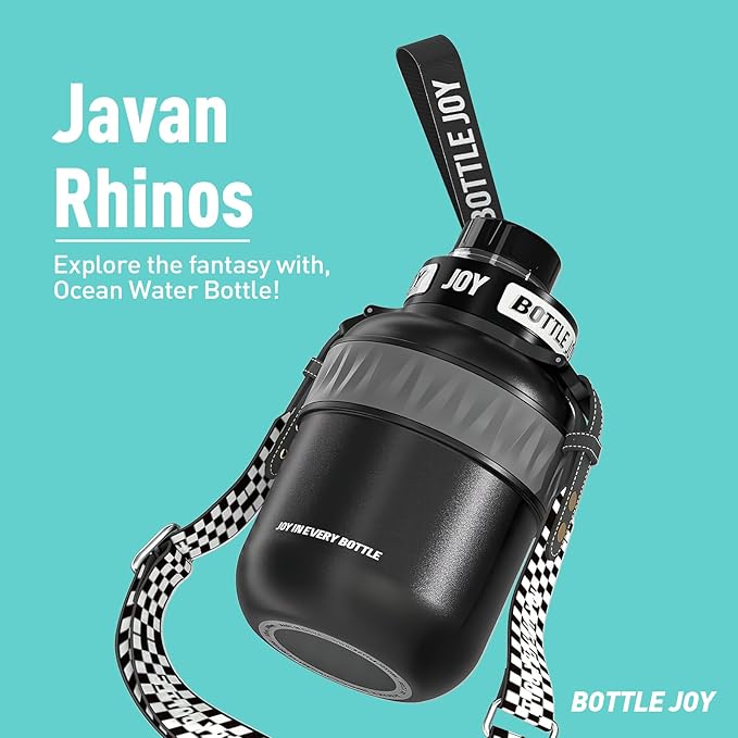 Stainless-Steel Water Bottle: Leakproof Lid, Perfect Sip, Double Insulated, Eco-Friendly, Dishwasher Safe & Stylish Strap (Javan Rhinos, 32 oz)