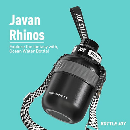 Stainless-Steel Water Bottle: Leakproof Lid, Perfect Sip, Double Insulated, Eco-Friendly, Dishwasher Safe & Stylish Strap (Javan Rhinos, 32 oz)